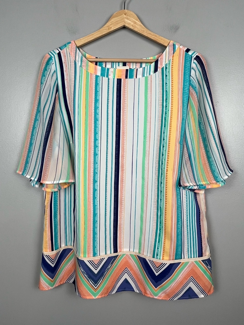 Chico’s multicolor striped lightweight flutter sleeve blouse top, medium.
